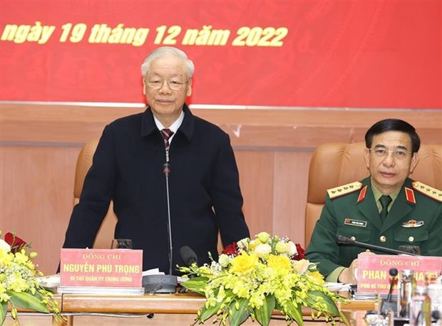 Tổng Bí thư Nguyễn Phú Trọng, Bí thư Quân ủy Trung ương phát biểu kết luận tại Hội nghị. (Ảnh: Trí Dũng/TTXVN).