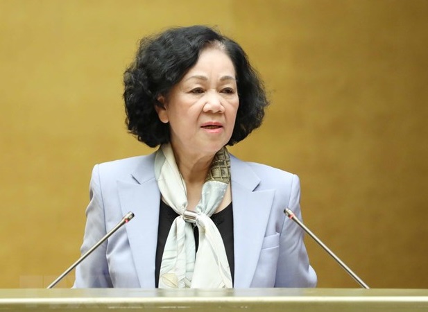 Đ/c Trương Thị Mai, Ủy viên Bộ Chính trị, Bí thư Trung ương Đảng, Trưởng Ban Tổ chức Trung ương phát biểu tại hội nghị.