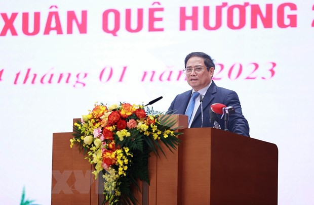 Thủ tướng Phạm Minh Chính phát biểu tại buổi gặp mặt kiều bào tiêu biểu tham dự chương trình Xuân Quê hương 2023. (Ảnh: Dương Giang/TTXVN).