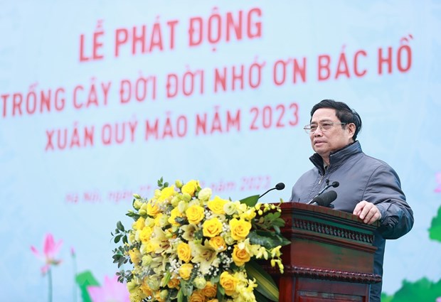 Thủ tướng Phạm Minh Chính phát động Tết trồng cây đời đời nhớ ơn Bác Hồ. (Ảnh: Dương Giang/TTXVN).