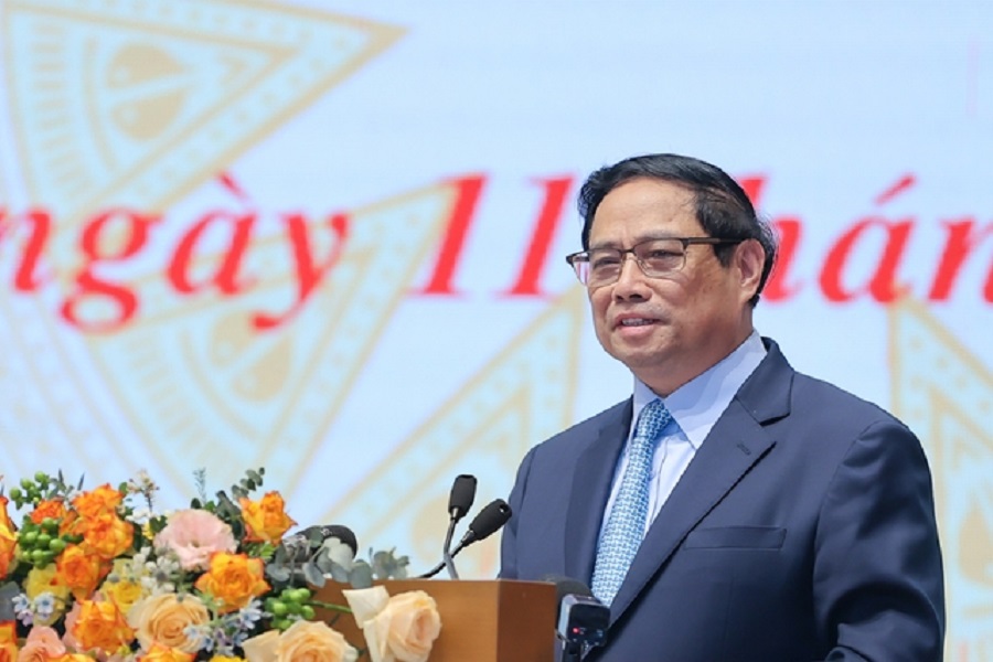 Thủ tướng Phạm Minh Chính phát biểu kết luận buổi gặp mặt đại diện giới doanh nhân Việt Nam - Ảnh: VGP/Nhật Bắc.