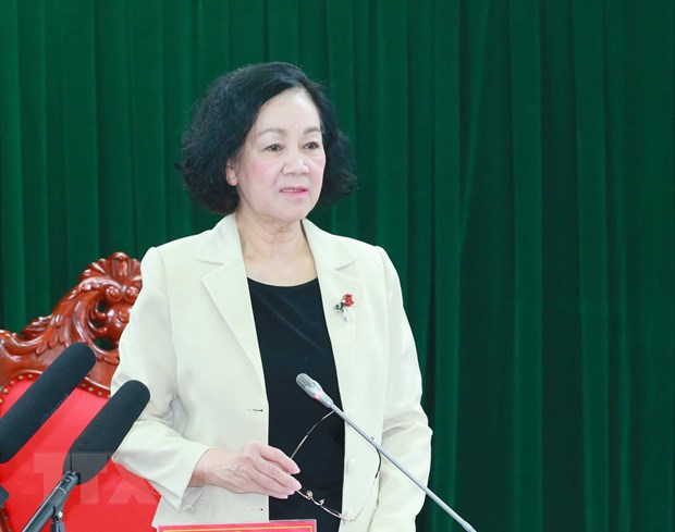 Đồng chí Trương Thị Mai, Ủy viên Bộ Chính trị, Thường trực Ban Bí thư, Trưởng Ban Tổ chức Trung ương phát biểu chỉ đạo tại buổi làm việc. (Ảnh: Phương Hoa/TTXVN).