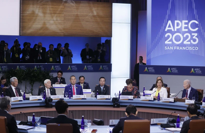 Chủ tịch nước Võ Văn Thưởng dự Phiên họp hẹp các Nhà lãnh đạo các nền kinh tế APEC. (Ảnh: Thống Nhất/TTXVN).