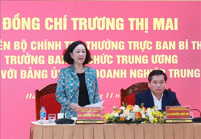 Đồng chí Trương Thị Mai, Ủy viên Bộ Chính trị, Thường trực Ban Bí thư, Trưởng Ban Tổ chức Trung ương phát biểu chỉ đạo tại buổi làm việc.