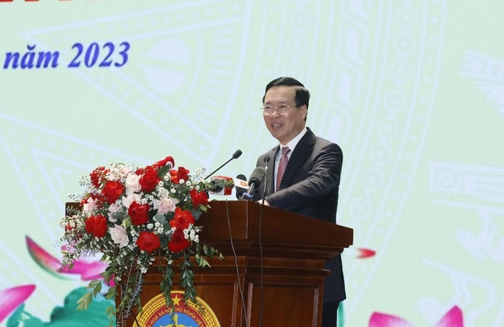 Chủ tịch nước Võ Văn Thưởng phát biểu chỉ đạo tại Hội nghị triển khai nhiệm vụ năm 2024 của Tòa án Nhân dân Tối cao. (Ảnh: Thống Nhất/TTXVN).