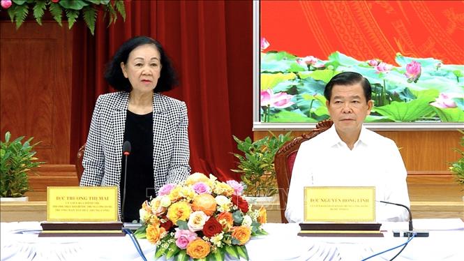 Ủy viên Bộ Chính trị, Thường trực Ban Bí thư, Trưởng Ban Tổ chức Trung ương Trương Thị Mai phát biểu tại cuộc làm việc.