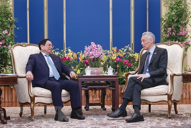 Thủ tướng Phạm Minh Chính hội đàm với Thủ tướng Xin-ga-po Lý Hiển Long. (Ảnh: Dương Giang/TTXVN).