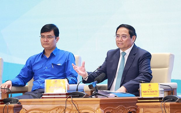 Thủ tướng Phạm Minh Chính đối thoại với thanh niên. (Ảnh: Dương Giang/TTXVN).