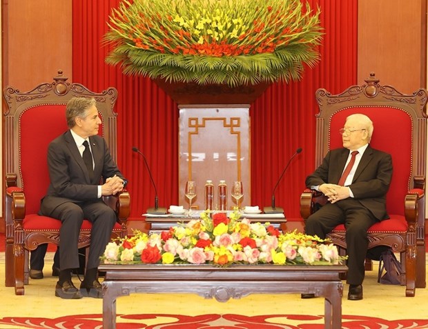 Tổng Bí thư Nguyễn Phú Trọng tiếp Ngoại trưởng Hoa Kỳ Antony Blinken. (Ảnh: Trí Dũng/TTXVN)
