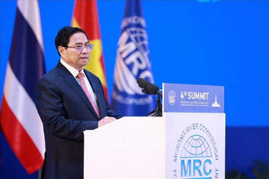 Thủ tướng Phạm Minh Chính phát biểu tại Phiên toàn thể Hội nghị cấp cao Ủy hội sông Mekong quốc tế lần thứ tư.