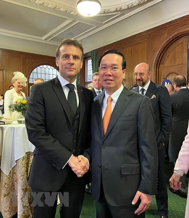 Chủ tịch nước Võ Văn Thưởng gặp Tổng thống Pháp Emmanuel Macron. Ảnh: TTXVN.