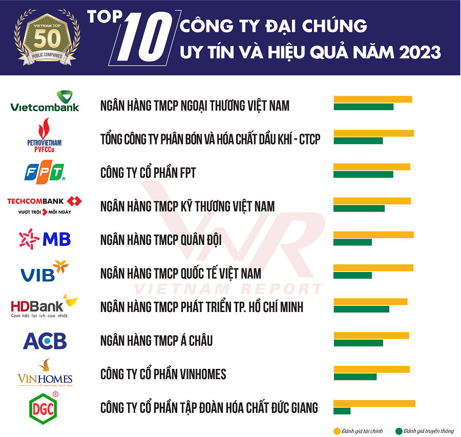 Danh sách “Top 50 công ty đại chúng uy tín và hiệu quả năm 2023” (nguồn: Vietnam Report).