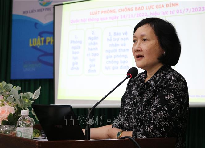 Bà Hà Thị Thanh Vân, Phó Giám đốc Học viện Phụ nữ Việt Nam thông tin về Luật, Phòng chống bạo lực gia đình. Ảnh: Phan Sáu/TTXVN