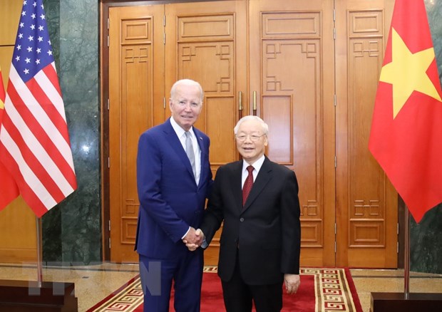 Tổng Bí thư Nguyễn Phú Trọng và Tổng thống Hoa Kỳ Joe Biden trước khi tiến hành hội đàm, chiều 10-9.
