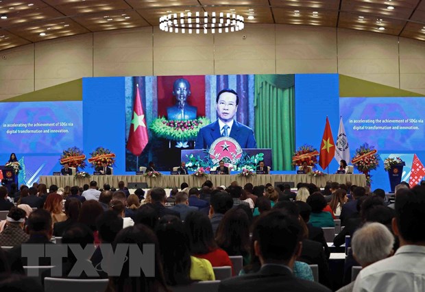 Phát biểu ghi hình của Chủ tịch nước Võ Văn Thưởng chào mừng Hội nghị Nghị sỹ Trẻ Toàn cầu lần thứ 9. (Ảnh: TTXVN).