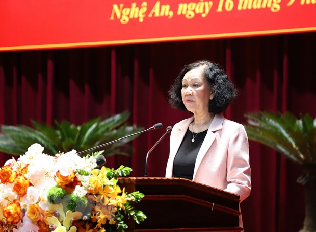 Đồng chí Trương Thị Mai, Ủy viên Bộ Chính trị, Thường trực Ban Bí thư, Trưởng Ban Tổ chức Trung ương phát biểu chỉ đạo tại Hội nghị. (Ảnh: Xuân Tiến/TTXVN).