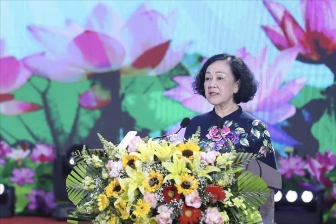Đồng chí Trương Thị Mai, Ủy viên Bộ Chính trị, Thường trực Ban Bí thư, Trưởng Ban Tổ chức Trung ương phát biểu tại Lễ kỷ niệm.