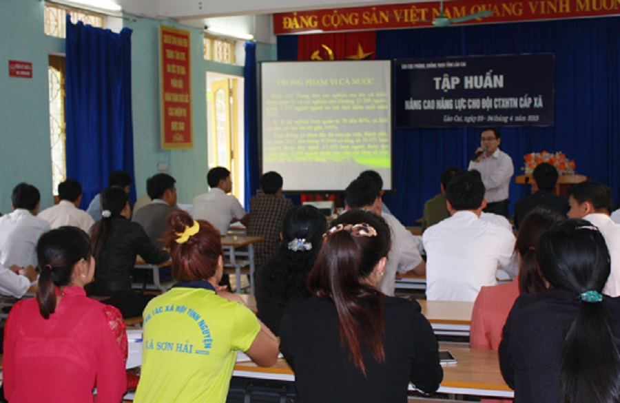 Lớp tập huấn nâng cao năng lực cho đội công tác xã hội tình nguyện cấp xã tại Lào Cai. Ảnh: Tư liệu