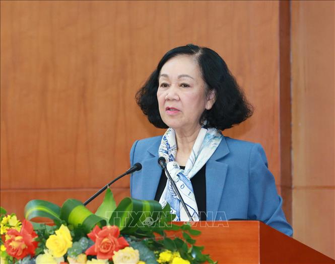 Đồng chí Trương Thị Mai, Ủy viên Bộ Chính trị, Thường trực Ban Bí thư, Trưởng Ban Tổ chức Trung ương phát biểu ý kiến chỉ đạo tại Hội nghị.