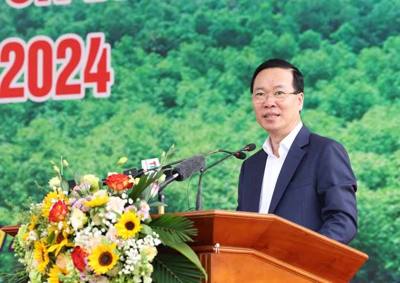 Chủ tịch nước Võ Văn Thưởng phát biểu tại Lễ phát động Tết trồng cây “Đời đời nhớ ơn Bác Hồ” Xuân Giáp Thìn 2024. (Ảnh: Thống Nhất/TTXVN).