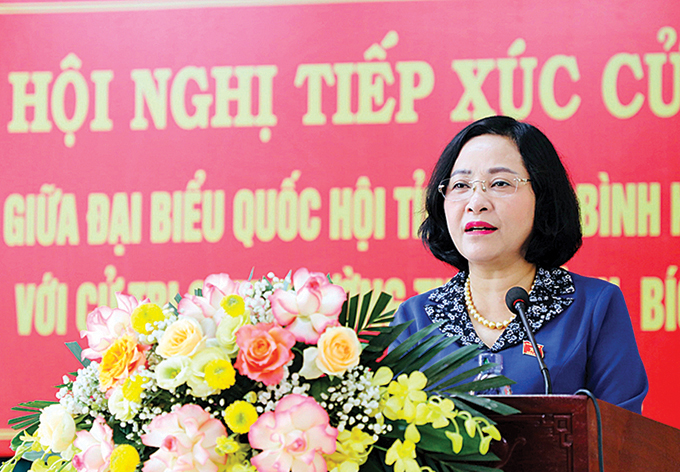 Đồng chí Nguyễn Thị Thanh, Trưởng Ban Công tác đại biểu, Phó Trưởng Ban Tổ chức Trung ương phát biểu tại Hội nghị tiếp xúc cử tri TP. Ninh Bình, tháng 9-2023.