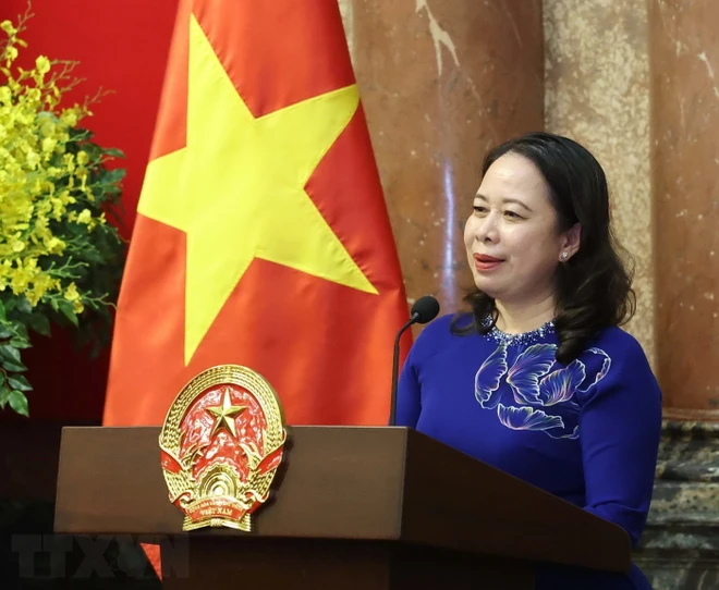 Quyền Chủ tịch nước Võ Thị Ánh Xuân phát biểu tại buổi gặp mặt đoàn đại biểu Hội Doanh nhân Trẻ Việt Nam. (Ảnh: Thống Nhất/TTXVN).