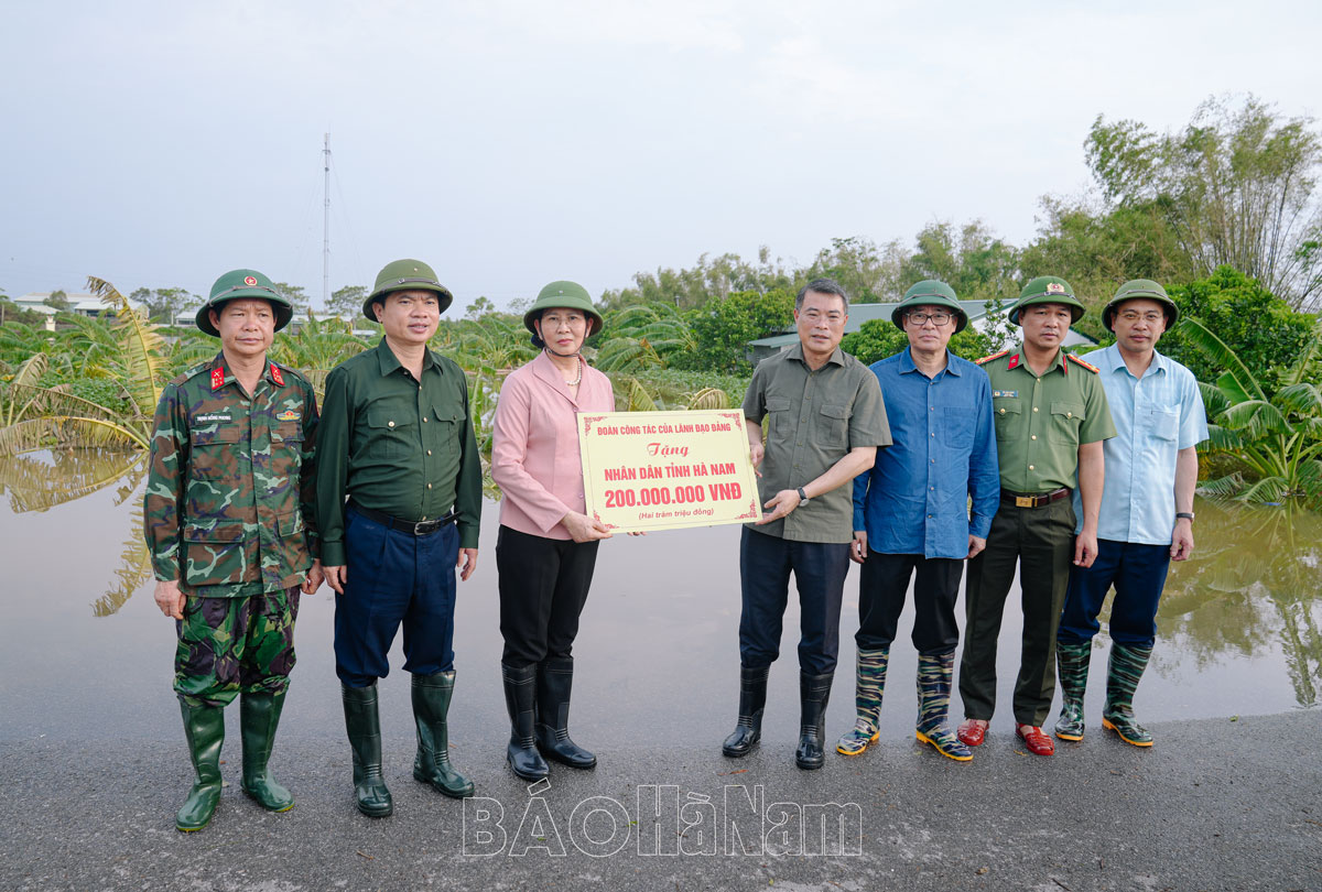 Đồng chí Trưởng Ban Tổ chức Trung ương Lê Minh Hưng tặng quà động viên thị xã Duy Tiên.