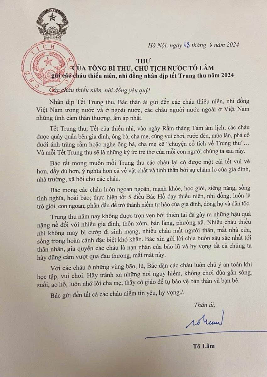 Thư của Tổng Bí thư, Chủ tịch nước Tô Lâm gửi các cháu thiếu niên, nhi đồng nhân dịp Tết Trung thu năm 2024.