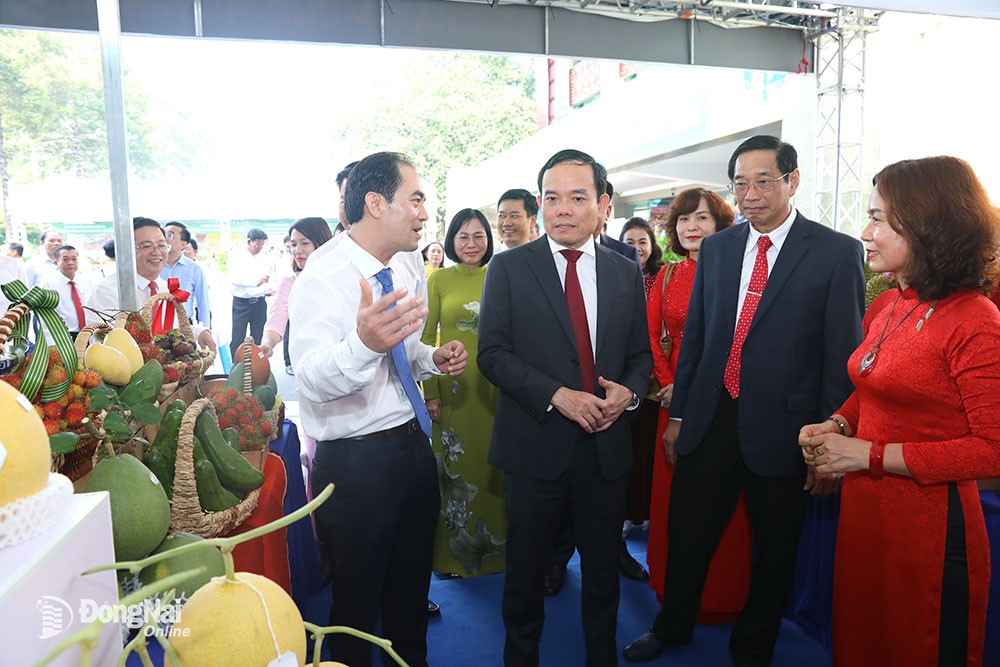 Phó Thủ tướng Chính phủ Trần Lưu Quang và lãnh đạo tỉnh Đồng Nai thăm quan gian hàng trưng bày các sản phẩm nông sản thế mạnh của huyện Xuân Lộc