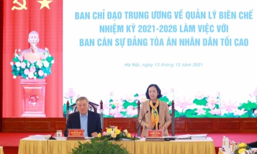 Ban Chỉ đạo Trung ương về quản lý biên chế nhiệm kỳ 2021-2026 làm việc với Ban Cán sự đảng Tòa án Nhân dân Tối cao